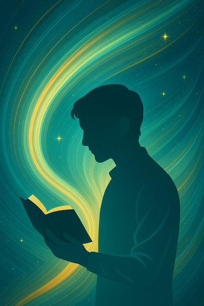 Illustration of an author reading a book